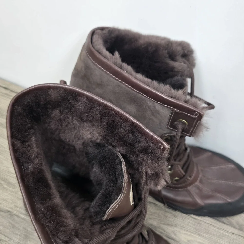 UGG Australia Mens 10.5 Brown Leather Shearling Winter Boots Vibram Waterproof